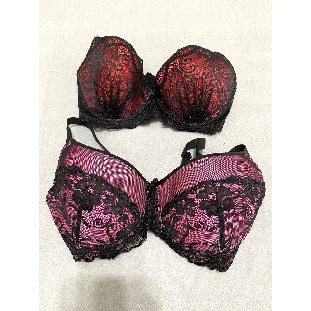 Black Bow Womens Bras Lot Of 2 Red Lace Padded‎ & Pink Lace Padded Size 38D